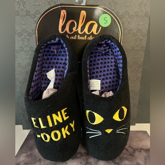 Halloween Black Cat Slippers Feline Spooky Size Small 5-6 Purple Kitties Lining - Picture 2 of 9
